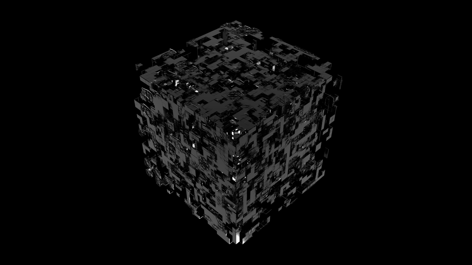 Computer-generated image of a cube made up of dark reflective panels and a faint white light coming from its inside.